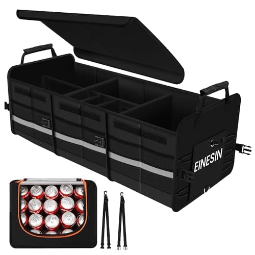 Image of Einesin Car Boot Organiser with Cooler Bag, Extra Large Premium Expandable Compartments, Foldable Car Organiser, Trunk Organiser for Most Vehicles & Indoor (82x36x30cm)
