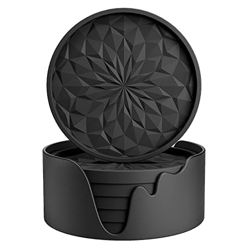 Image of STLIAN Silicone Coasters with Holder,[6 Pack] Drinking Coasters - Cup Mat for Hot or Cold Drinks, Thickened, Non-Slip, Non-stick,Deep Tray Black