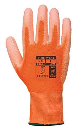 Image of Portwest A120 Grip 13 PU Palm Work Gloves Mens Dexterity Level 5 Abrasion Resistant General Handling Safety Gloves Silicone Free CE Marked EN 388 ANSI A1 Warehouse Mechanic, Orange, L