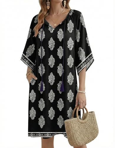 Image of Zeagoo Women Dresses Summer Casual Beach Dress Boho Floral Sundress with Pockets Tassel Tie Neck Half Sleeve Tunic Dress Black Print-01 M