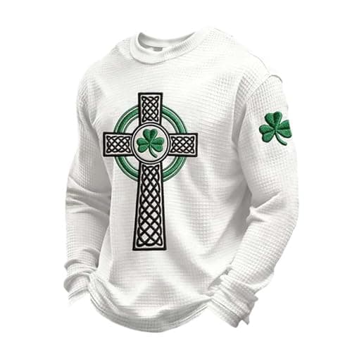 Image of Men's Knitted T-Shirt with St Motif Long Sleeve Casual Crew Neck Shirt for Spring Parties in Everyday Life, White, S