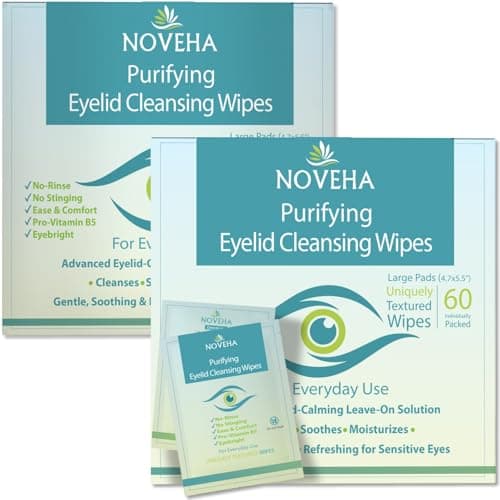 Image of NOVEHA Eyelid & Lash Wipes | For Itchy, Dry Eyes, Styes & Blepharitis, Demodex | lid and lash Cleansing Wipes, Hypoallergenic & Soothing For Sensitive Eyes, (60 Count each (Pack of 2))