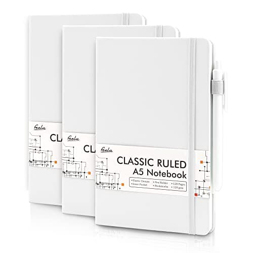 Image of feela A5 Notebooks Multipack, 3 Pack Ruled Lined Notepads A5 (120 GSM), Hardback Journal Notebook with 3 Black Gel Pens for Work, Study, Journaling, Note Taking, 128 Pages/Pack, 21 x 13 cm, White