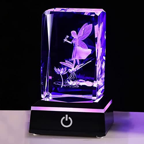 Image of Movdyka Crystal 3D Fairy with Dragonfly Figurine Gifts for Women, Laser Engraved Fairy Keepsake with LED Base Home Ornaments, Glass Lovely Gifts for Her