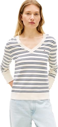 Image of Tommy Hilfiger Women's Co Jersey Stitch V-Nk Sweater Ww0Ww40098, Beige, S