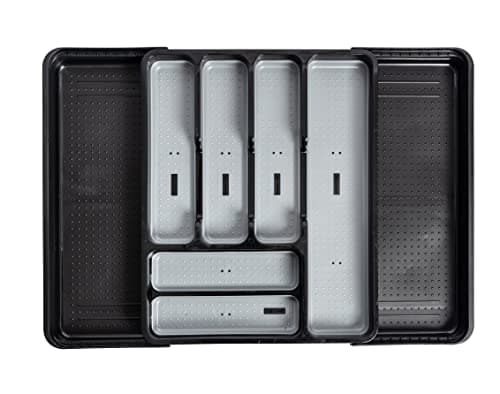 Image of Addis Extendable Premium Soft touch 6 to 8 compartment Cutlery Utensil Drawer Organiser Tray, Black & Grey 6-8 Sections