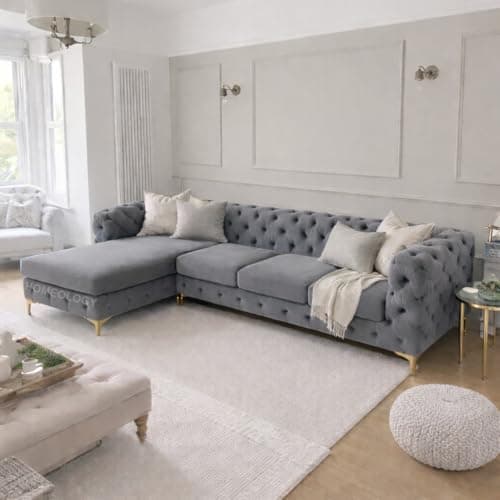 Image of Plush Chesterfield 4 Seater Sofa with Chaise Lounge | L Shaped Sofa with Left & Right Hand Facing | Corner Sofa for Living Room with Gold Legs & Scatter Cushions (Grey, Fabric Swatch)