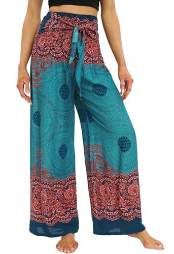 Image of Nuofengkudu Women Boho Wide Leg Trousers Smocked High Waisted Belted Summer Flowy Hippie Patterned Rayon Lightweight Petite Ladies Palazzo Lounge Pants Casual Holiday Beach Party One Size Green B