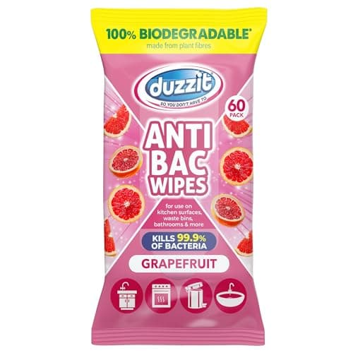 Image of Duzzit Antibacterial Wipes - Kills 99.9% of Bacteria | 100% Biodegradable - Made From Plant Fibres | Anti Bac Wipe for Kitchen Surfaces, Waste Bins, Bathrooms & More (60 Wipes, Grapefruit)