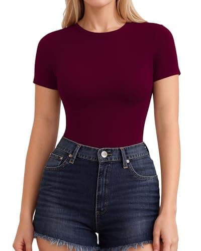 Image of ALGALAROUND Women T Shirt Fitted Crew Neck Short Sleeve T-Shirts Summer Basic Womens Tight Tops Slim Fit Tee for Ladies Going Out Burgundy L