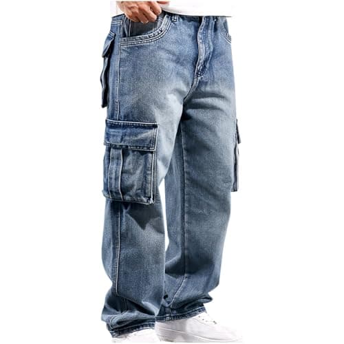 Image of Men's Jeans Cargo Jeans for Men UK Loose Fit Work Jean with Pockets Straight Leg Baggy Casual Trousers Vintage Wash Durable Workwear Heavy Duty Combat Bottoms Plus Size S-5XL