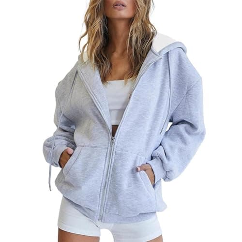 Image of Sweatshirts For Women Uk Full Zip - Essentials Hoodie Oversized Plain Colour Jackets Basic Long Sleeves Outerwear Fashion Trendy Clothes Loose Fit Baggy Coat Soft Stretchy Tops Casual Tracksuit Grey