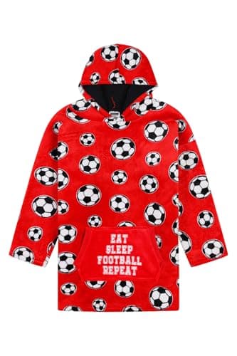 Image of ThePyjamaFactory Boys Eat Sleep Football Red Fully Lined Luxury Fleece Hoodie, Oversized Fleece Blanket Hoody For Kids 7-13 Years