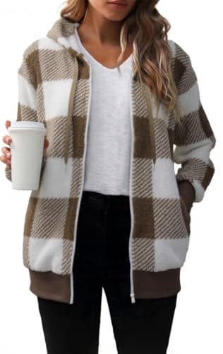 Image of ROFUSSO Women's Teddy Fleece Hoodie Jacket Winter Warm Checked Fleece Jacket Stylish Zip Plush Jacket Long Sleeve Teddy Coat Hooded Jacket with Pockets, khaki, M