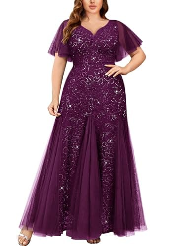 Image of MISSMAY Women's Plus Size Sequins Lace Tulle Sweetheart Neck Ruffle Sleeves Formal Evening Party Maxi Dress (0XL, Maroon)