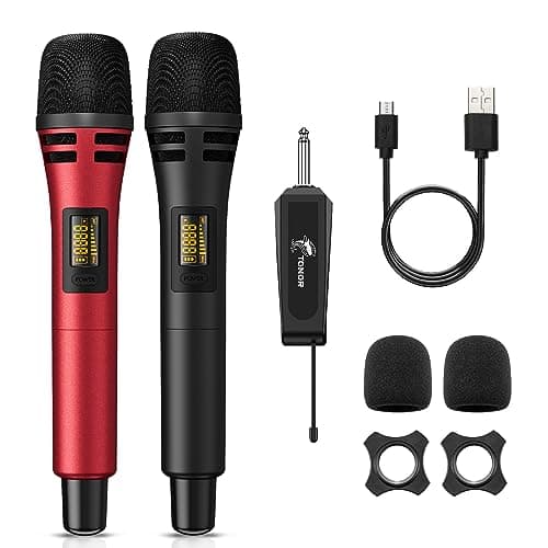 Image of TONOR Wireless Microphones, UHF Cordless Handheld Dynamic Mics with 6.35mm Rechargeable Receiver, 60 m Range, 2*5 Adjustable Channels for Karaoke, Singing, DJ, Party, Speech, TW320, 2 Mics Black&Red