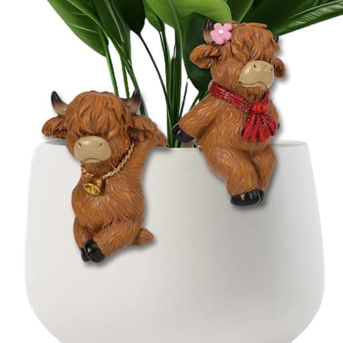 Image of 2PCS Highland Cow Pot Hugger, Resin Highland Cow Flower Pot Hugger Figurines, Funny Plant Pot Decoration for Home Garden Fence Patio Yard Kitchen Balcony