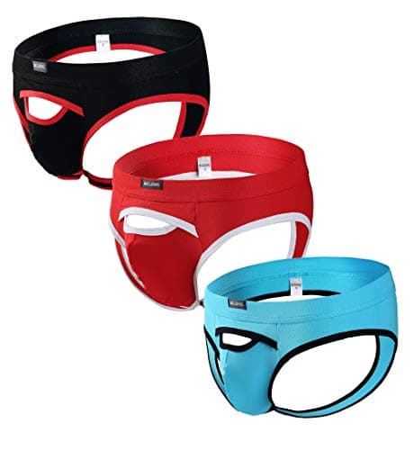 Image of Uneihoiz Men's Sexy Open Fly Cotton Underwear Jockstrap 3-Pack Large Black/Red/Sky Blue