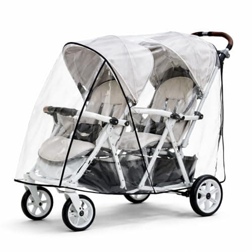 Image of Tandem Double Pram Rain Cover, Clear Waterproof Rain Cover for Front and Rear Double Pushchair, Stroller RainCover with Tie Straps and Rear Hook and Loop Fastening