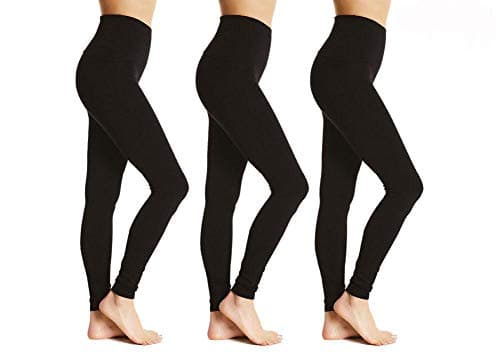 Image of Bonjour® 3-Pack High Waisted Casual Leggings for Women - Stretchy Seamless Soft Touch Women's Non See Through Full Length Comfort Cotton Leggings - Gym Wear or Casual Wear (XL) Black