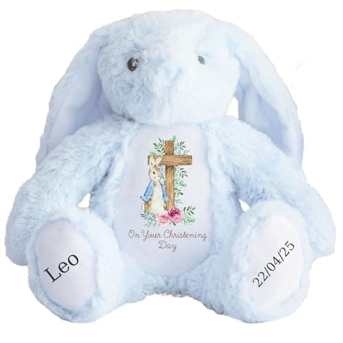 Image of Personalised Christening Bunny with Name - Peter Cross Rabbit Pink Flowers On your Christening Day Soft Toy for Baby, Toddler, Kids, Child, Babies Baptism Church Spring Time - Blue Letter Blu Bunny