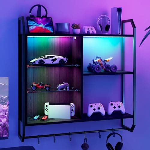 Image of YOURLITE 4 Tier Floating Shelves 83CM LED Wall Mounted Shelf with Adjustable Glass Shelf Pipe Shelves Hanging Display Rack Bookshelf with 6 S Hooks for Living Room Bedroom Gaming Room Bar, Black