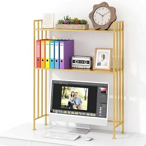 Image of Egula Adjustable Desk Hutch Dorm 2-Tier Rust-Proof Iron Desk with Hutch & Desk Shelf for Top of Desk | Multi-Surface Organizer for Office, Kitchen（Gold）