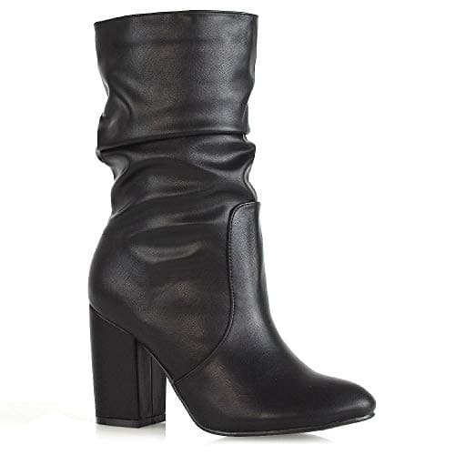 Image of Womens Mid Calf High Heel Boots Ladies Pull On Winter Faux Suede Rouched Shoes Size 3-8 Black Synthetic Leather