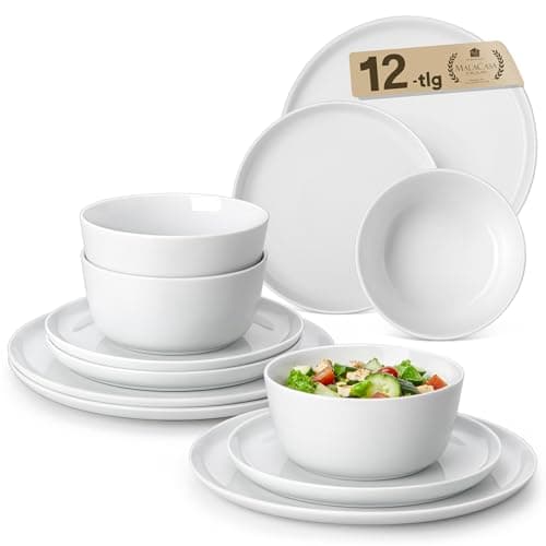 Image of MALACASA Dinner Set, 12 Pieces Ceramic Dinnerware Service for 4, White Porcelain Crockery Set, Include Plates and Bowls, Premium Ceramic Dinnerware Sets, Lexi Series