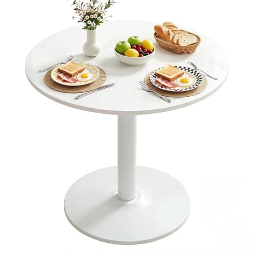 Image of Warmiehomy Small Dining Table, 80cm Modern Round Dining Room Table for Home Apartment Kitchen Living Room, White Wooden Tabletop and Metal Base