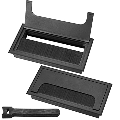 Image of 2 Pcs Desk Table Grommets, Aluminum Alloy Rectangle Cord Cable Wire Hole Covers Organizer, Cable Tidies Port Hole Covers with Brushes for Home Office Table (Black, 160x80mm)