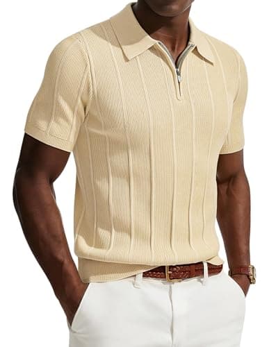 Image of PJ PAUL JONES Men's Polo Shirts 1/4 Zip Short Sleeve Knitted Polo Shirt Summer T Shirts Apricot L