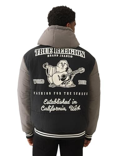 Image of True Religion Varsity Hooded Puffer Jacket for Men – Warm Lightweight Winter Outerwear with Logo Patches, Jet Black/Granite Grey, XXL