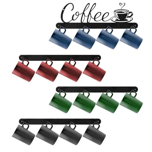 Image of SITAKEGS Coffee Mug Wall Rack, 4Pack Coffee Cup Metal Holder Wall Mounted with 4 Hooks Tea Cups Storage Hanging Organizer, Multi-Purpose Wall Hooks for Cup Keys Coats Bag on Kitchen Coffee Bar