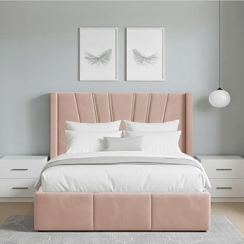 Image of Pink Plush Velvet Sunrise 4FT6 Double Bed Frame– Luxe 48” Wing Headboard & Footboard, Strong, Comfy & Easy to Assemble
