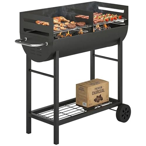 Image of Outsunny Charcoal Barbecue Grill with 2 Cooking Areas, Portable BBQ Trolley with Wheels, Height Adjustable Grates, Side Handle, Bottom Shelf, Metal Outdoor Cooker for Garden Camping, Picnic, Party