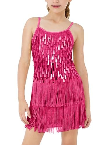 Image of LOLANTA Girls Sequin Fringe Dance Costume, Kids Salsa Rumba Latin Dancing Clothes Set, Sparkling Sleeveless Tassel Dance Mini Dress with Shorts, Pink, 10-11 Years, 150