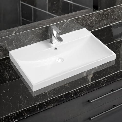 Image of Limoge 5409 Ceramic 80.5cm Thick-Edge Inset Bathroom Basin with Scooped Full Bowl - Modern Drop-in Self-Rimming Top-Mount Rectangular Sink for Vanity or Countertop Installation