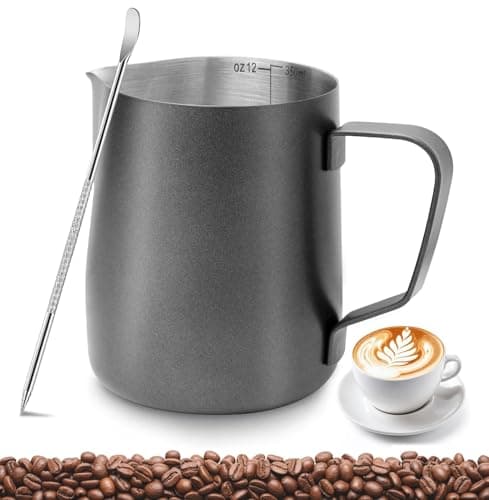 Image of PLACHIDAY Milk Frothing Pitcher 350ml/12oz, Stainless Steel Milk Jug with Measurement Mark, Latte Art Pen, Black