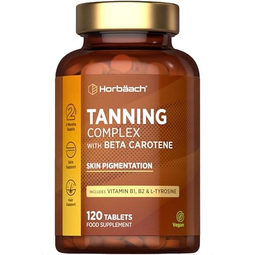 Image of Beta Carotene Tanning Tablets | Supplement with L-Tyrosine, Copper, Vitamin B1 & B2, Zinc & Vitamin A | 120 High-Strength Vegan Tablets | by Horbaach