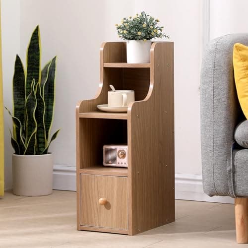 Image of Sanery Slim Bedside Table, Narrow Nightstand Side Table, Bedside Cabiinet with 1 Drawer & 3 Open Shelves for Bedroom, Living Room Sofa Side End Table, Walnut