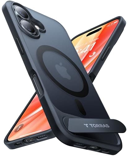 Image of TORRAS for iPhone 16 Case [Durable Titanium Stand] [25W Wireless Charging] [TOP 19N Magnetic] [12FT Drop Protection] for iPhone 16 Cover - Midnight Black
