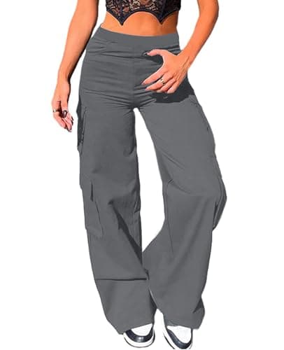 Image of Nuofengkudu Womens Wide Leg Cargo Pants Y2K Stretch Multi Pockets Utility Bootcut Elasticated High Waisted Flared Bootleg Loose Fit Pull on Work Pants Gothic Bottoms Streetwear Casual Grey M