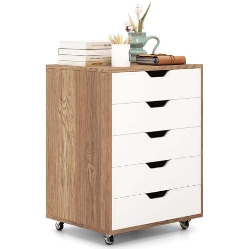 Image of CASART Rolling File Cabinet, 5/7 Drawers Freestanding Storage Organizer Cupboard on Wheels, Home Office Lateral Filing Chest (Natural, 5 Drawers)