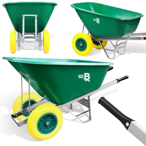 Image of Equimed Garden Wheelbarrow - Extra Large Trolley with 200L Plastic Bucket, Puncture-Proof PU Wheels, Galvanised Frame (Green/Yellow)