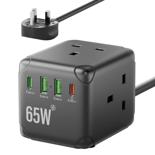 Image of Cube Extension Lead with USB C PD65W, 3 Way Multi Plug Power Strip with 2 USB-A & 2 USB-C Ports, UK Extension Socket with Switch, 13A Fused Plug, 1.5M Extension Cable, Black