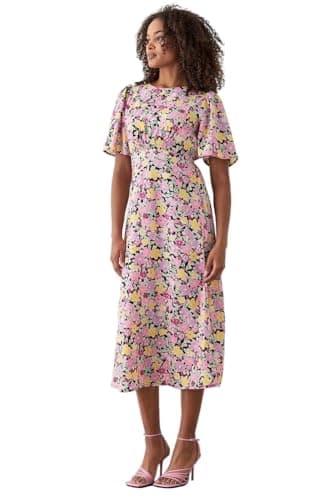 Image of Dorothy Perkins Pink Floral Flutter Sleeve Shirred Waist Midi Dress, 10, Pink