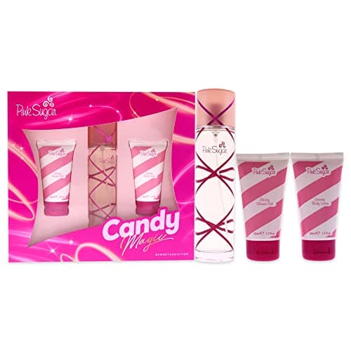 Image of Aquolina Pink Sugar Candy Magic For Women 3 Pc Gift Set 3.4oz EDT Spray, 1.7oz Glossy Shower Gel, 1.7oz Creamy Body Lotion