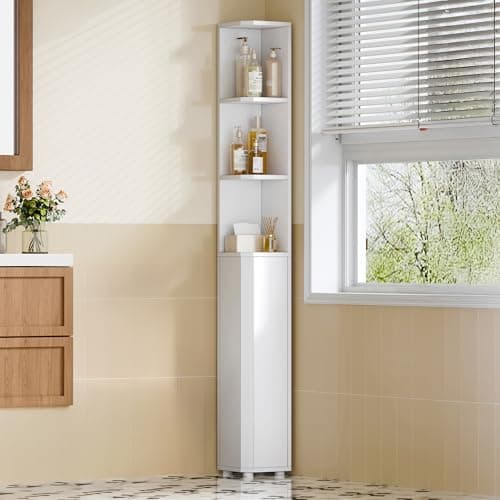 Image of Hzuaneri Tall Bathroom Cabinet, Corner Bathroom Cupboard with 3 Open Shelves and 2 Door, Freestanding White Wooden Corner Shelf Unit for Small Spaces, 20 x 20 x 170 cm, White, BC30003X