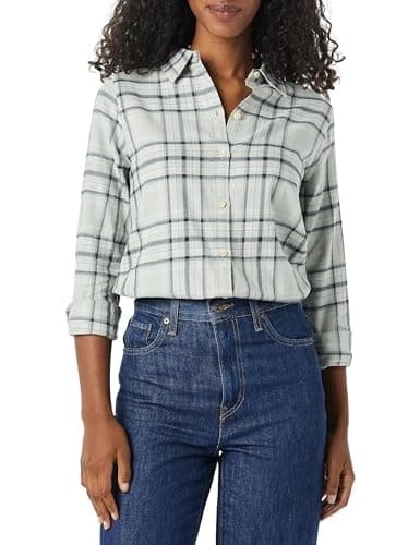 Image of Amazon Essentials Women's Regular-Fit Long-Sleeve Lightweight Plaid Flannel Shirt, Black Grey Plaid, S